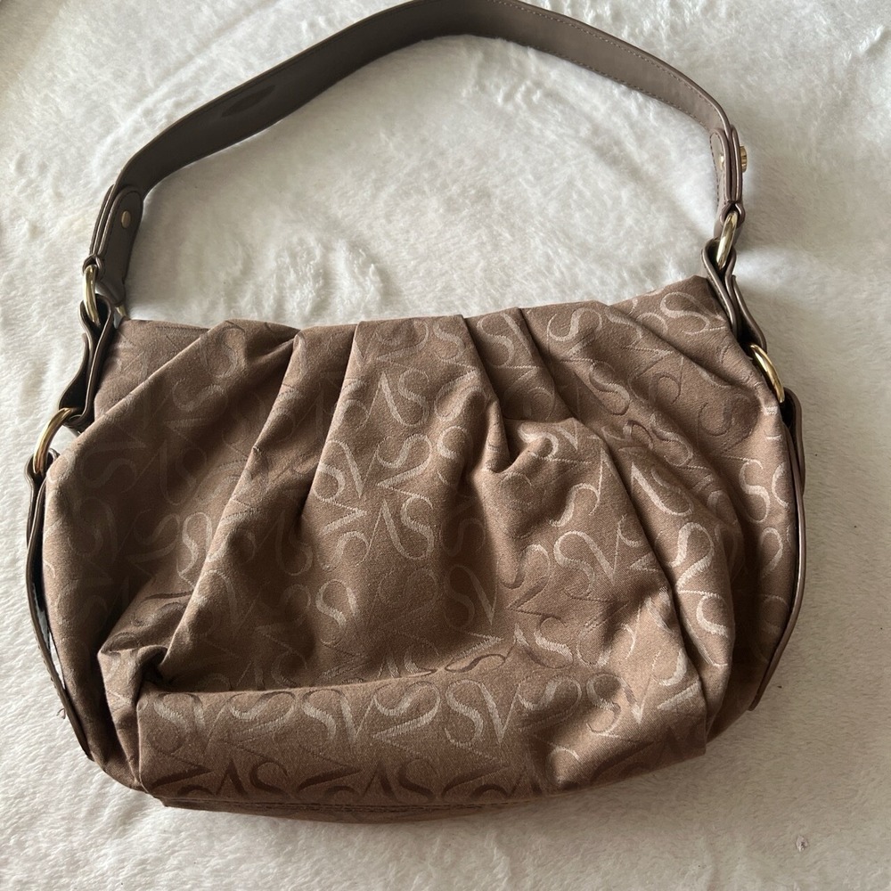 Simply Vera VERA WANG Taupe Pleated Hobo Handbag Magnetic Closure Monogram Logo